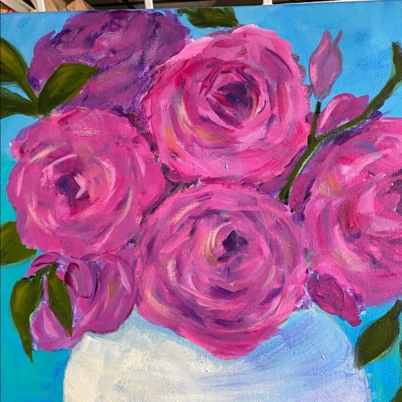 Original artwork Pink Roses in White Vase Floral Painting With Stripe Fabric - Picture 3 of 4